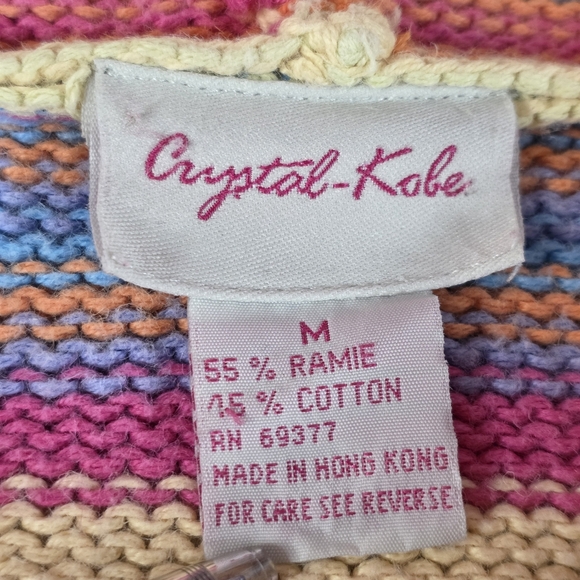 Vintage 90s Hooded Stripe Cardigan Ramie Cotton Boho Beachy Sweater Women M - Picture 6 of 7